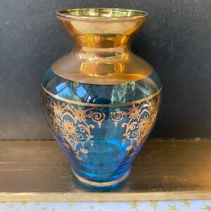 Murano Azure Blue 24K Gold Art Glass Vase. ITALY